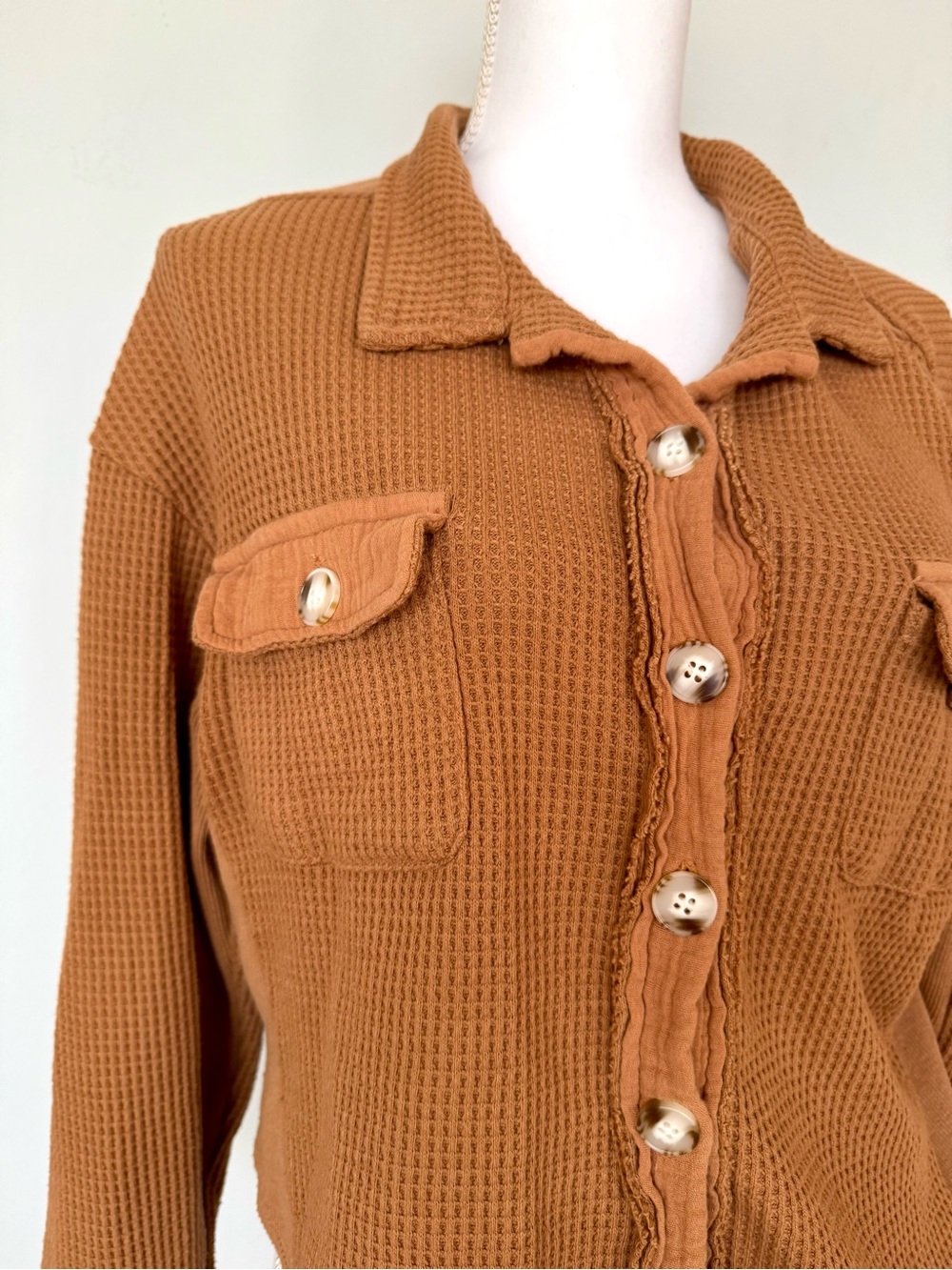 Waffle Knit Button-Up Shacket in Camel Color | M | EUC | Slightly Distressed - Picture 2 of 8